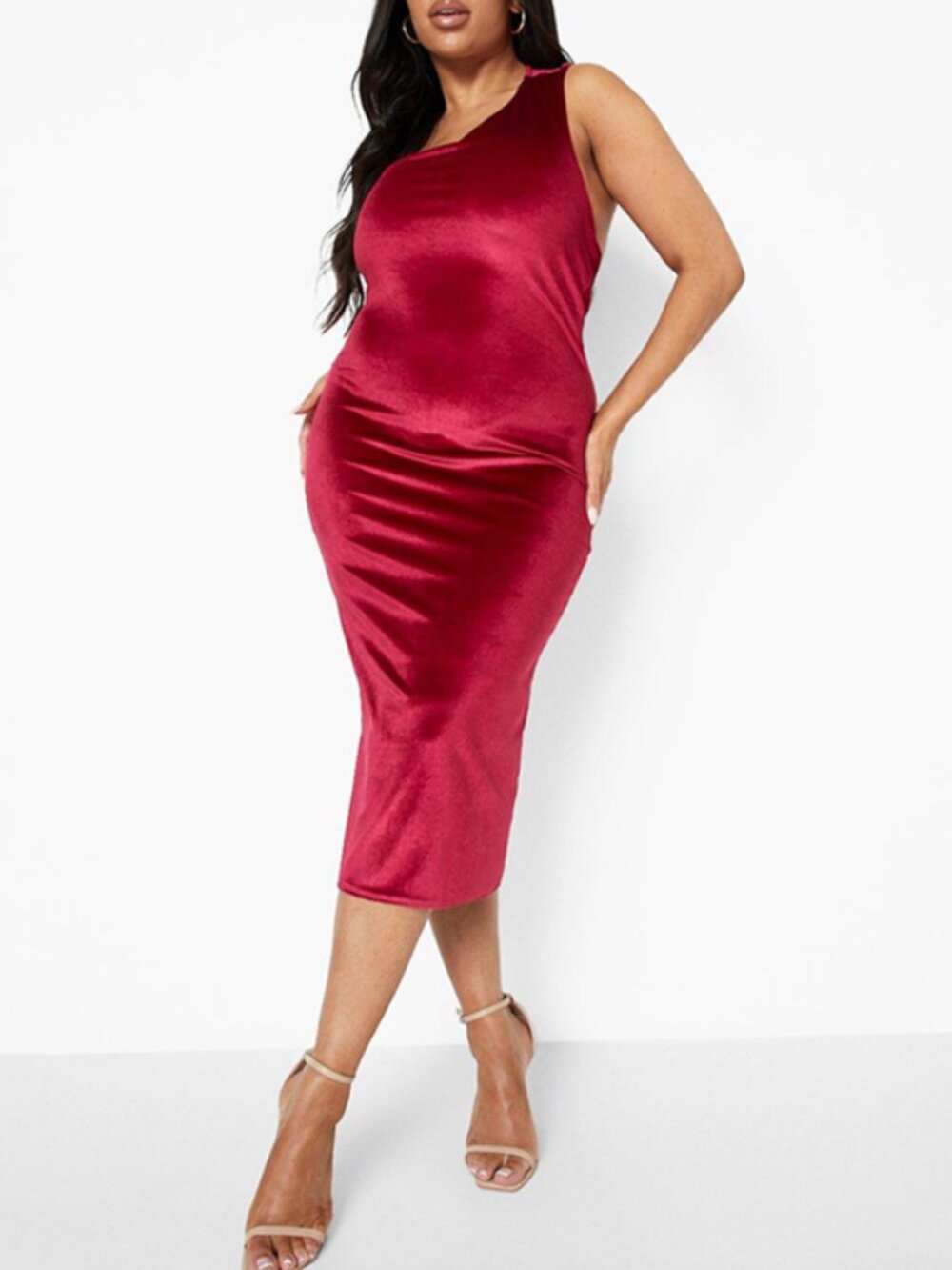 Boohoo Berry Velvet One-Shoulder Stretch Midi Dress